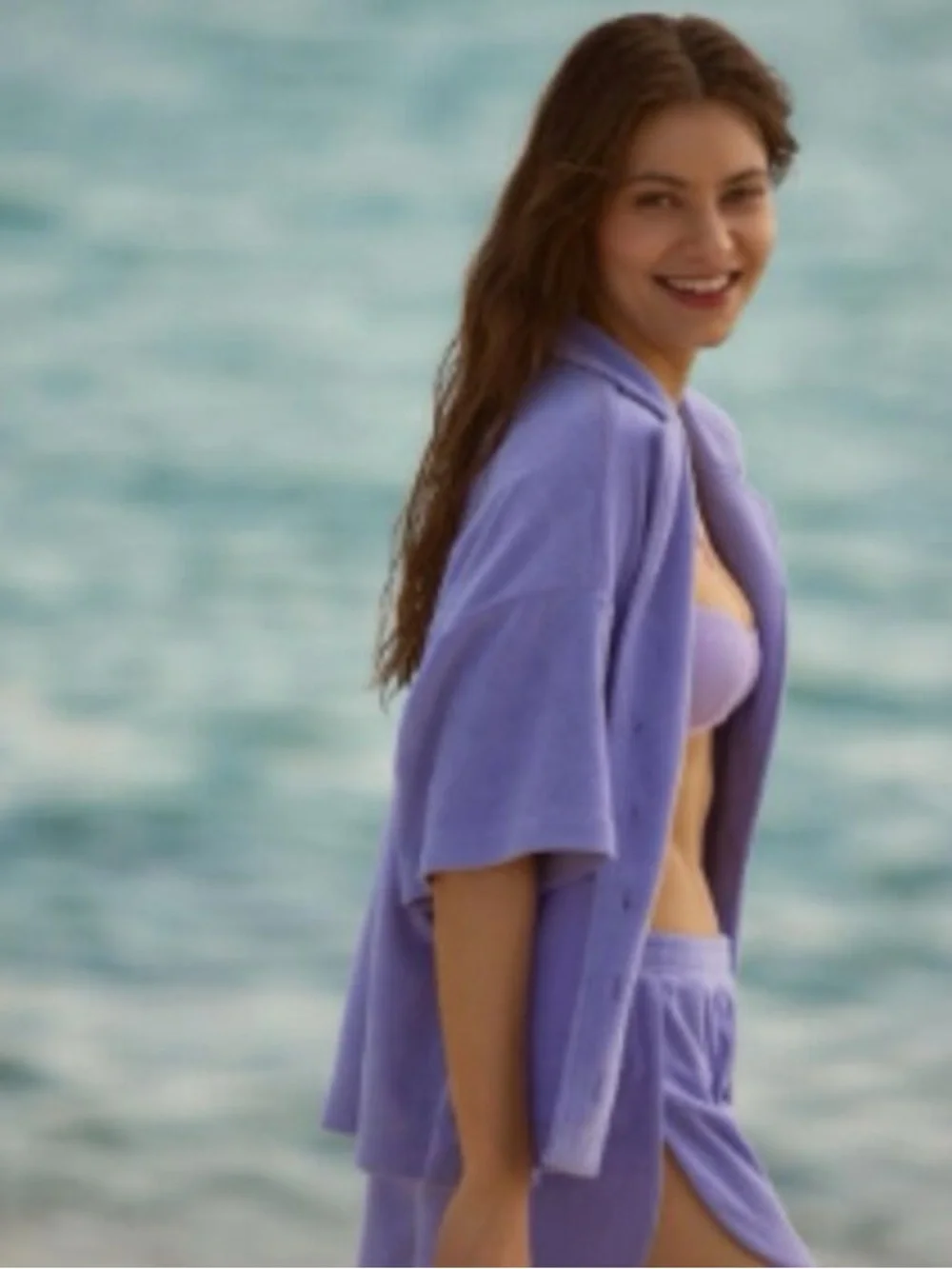 Anthropologie Lavender Purple Terrycloth Oversized Boxy Button Down Top Medium - Picture 2 of 12
